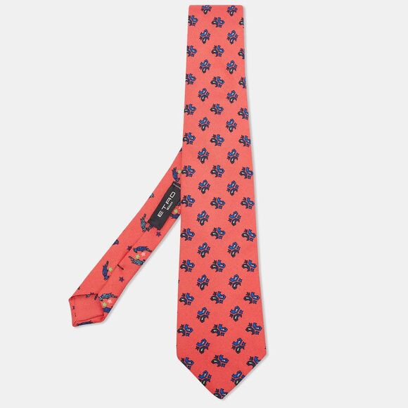 Etro Red Paisley & Bird Print Silk Tie
